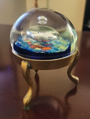 Handcrafted Blue Glass Dome Shaped  Paperweight With Vintage Golden Brass Stand